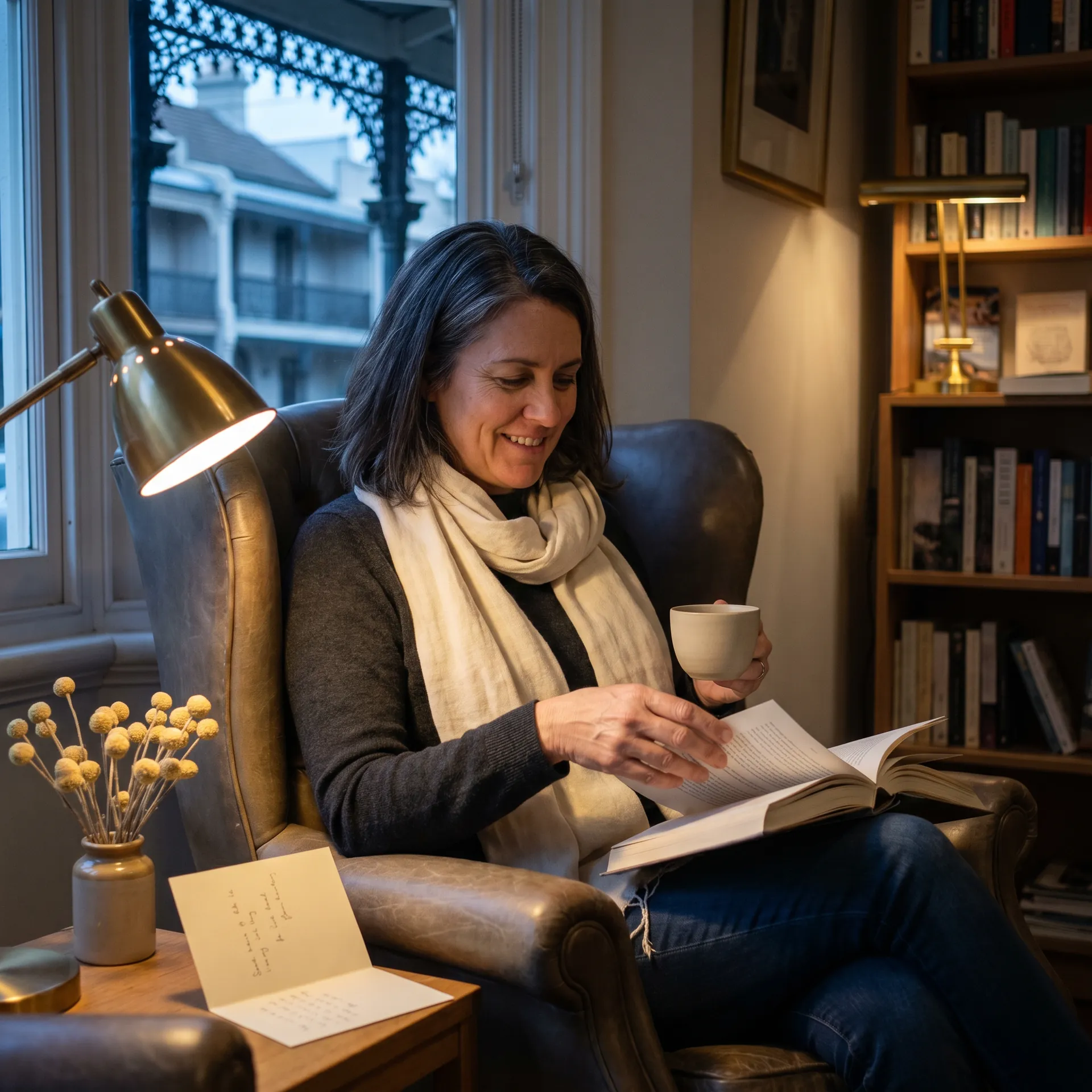 A returning customer reading by lamplight with a handwritten note, the kind of relationship Mr Vero's AI sales workforce keeps warm between purchases.
