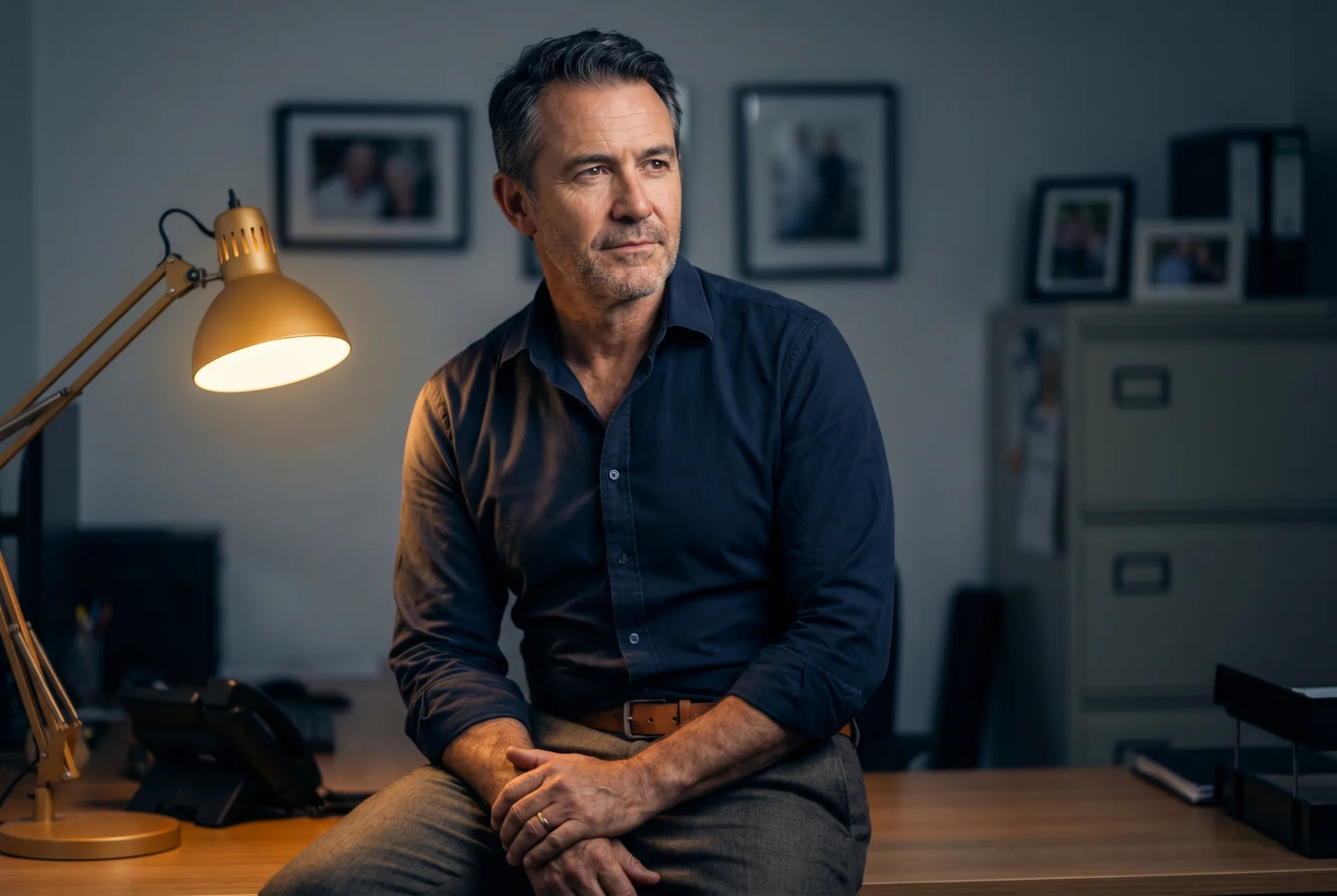 An Australian small business operator in his fifties considering Mr Vero's founding cohort offer at his desk, lit by a single warm lamp in a lived-in workspace.
