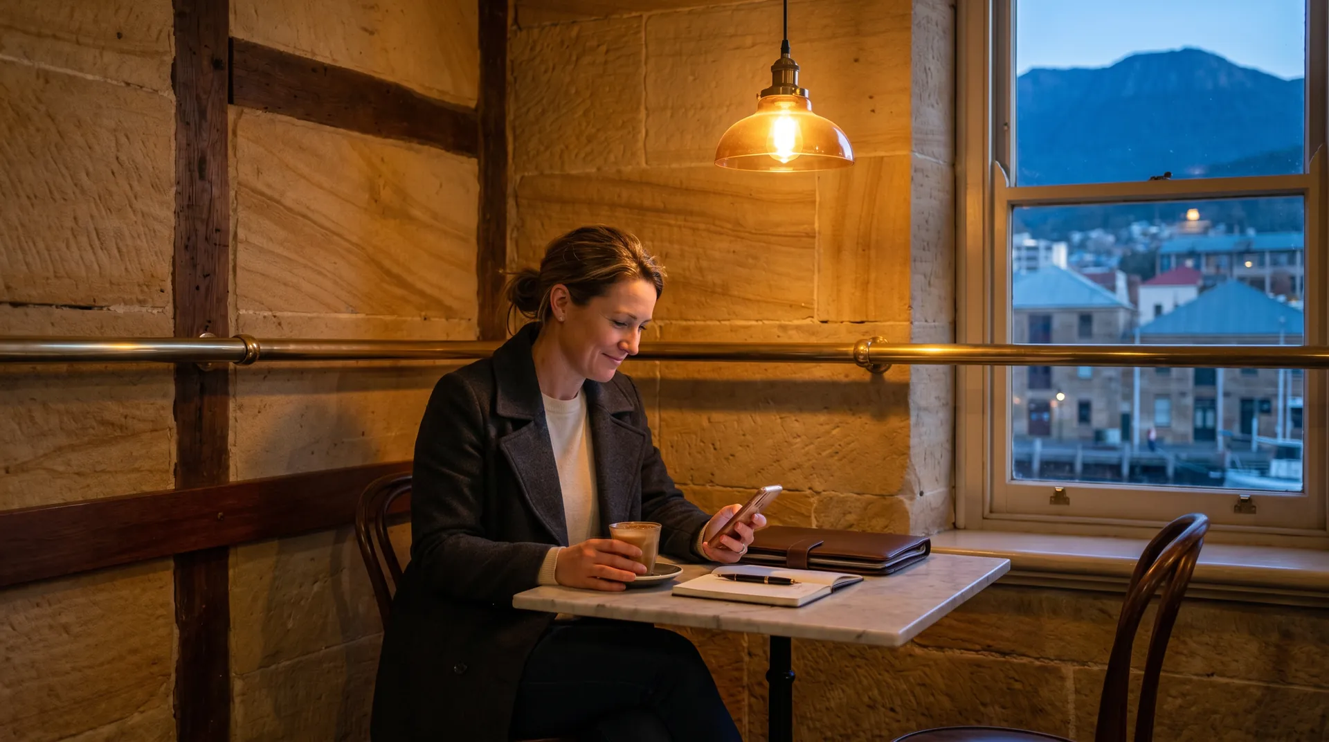A Hobart business owner running his AI sales workforce from his phone at a sandstone-walled cafe table at golden hour, coffee in the other hand, kunanyi/Mt Wellington framed beyond.
